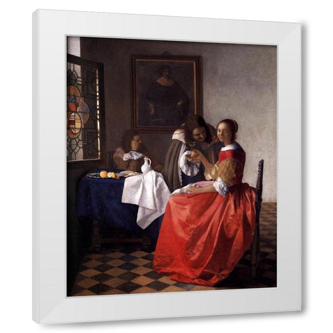 A Lady and Two Gentlemen White Modern Wood Framed Art Print by Vermeer, Johannes