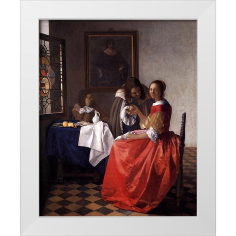 A Lady and Two Gentlemen White Modern Wood Framed Art Print by Vermeer, Johannes