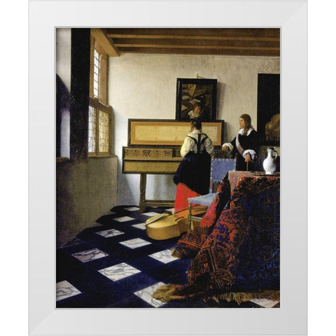 The Music Lesson White Modern Wood Framed Art Print by Vermeer, Johannes