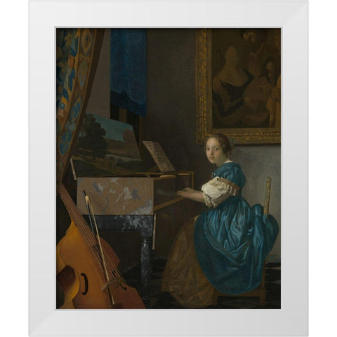 Lady Seated at a Virginal White Modern Wood Framed Art Print by Vermeer, Johannes