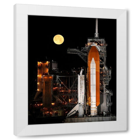 Shuttle Discovery With Moon White Modern Wood Framed Art Print by NASA