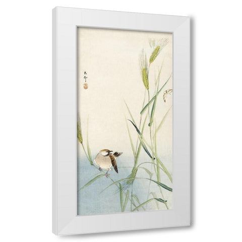 Bird and butterfly White Modern Wood Framed Art Print by Koson, Ohara