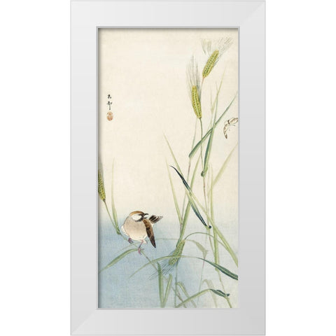 Bird and butterfly White Modern Wood Framed Art Print by Koson, Ohara