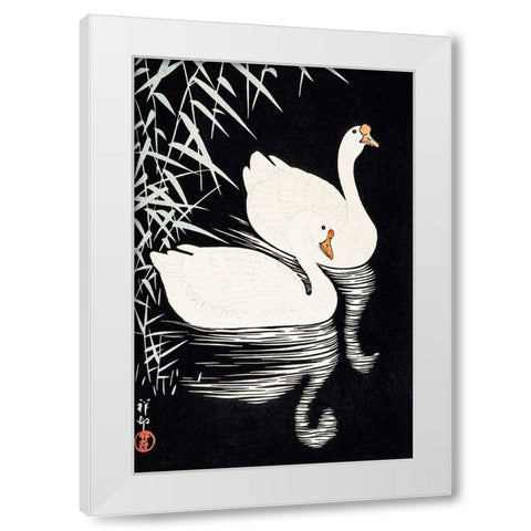 White Chinese Geese Swimming by Reeds White Modern Wood Framed Art Print by Koson, Ohara