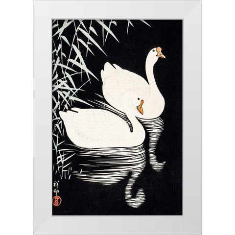 White Chinese Geese Swimming by Reeds White Modern Wood Framed Art Print by Koson, Ohara