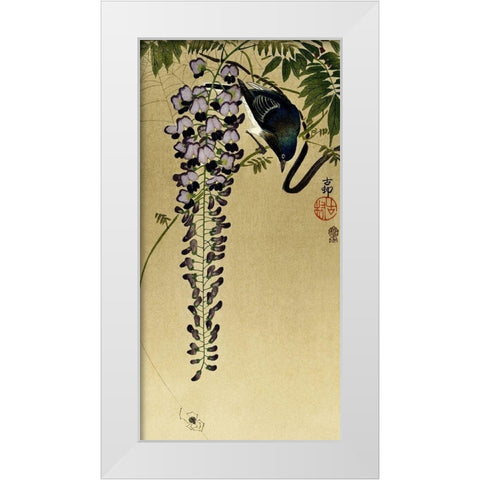 Flycatcher at wisteria White Modern Wood Framed Art Print by Koson, Ohara