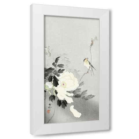 Swallow with Peony White Modern Wood Framed Art Print by Koson, Ohara
