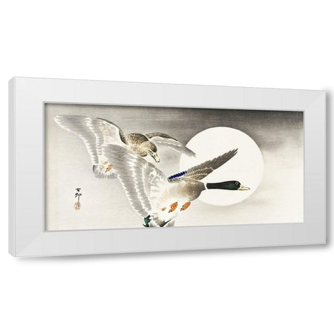 Two ducks at full moon White Modern Wood Framed Art Print by Koson, Ohara
