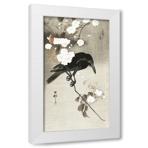 Crow with cherry blossom White Modern Wood Framed Art Print by Koson, Ohara