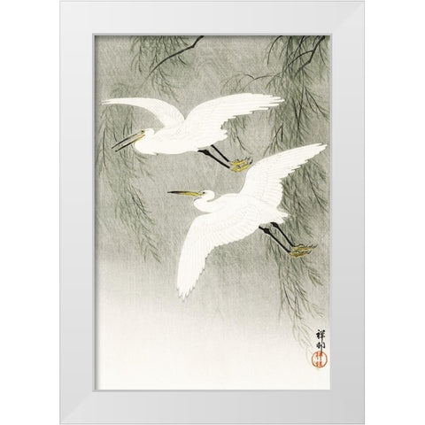 Little Egrets in flight White Modern Wood Framed Art Print by Koson, Ohara