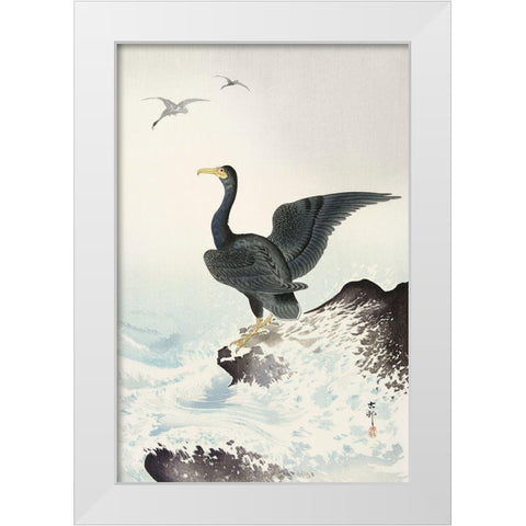 Red mask cormorant on rock White Modern Wood Framed Art Print by Koson, Ohara