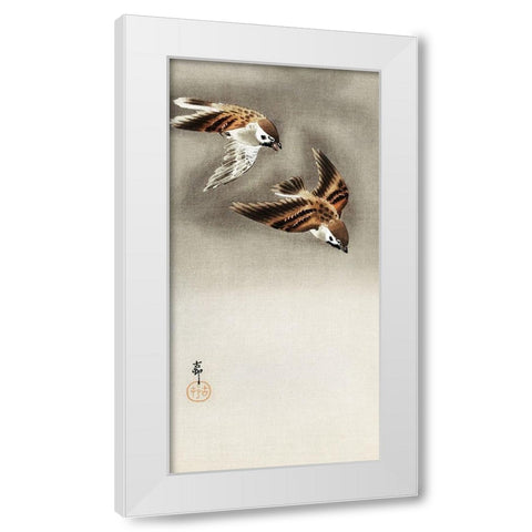 Ring sparrows in snow White Modern Wood Framed Art Print by Koson, Ohara