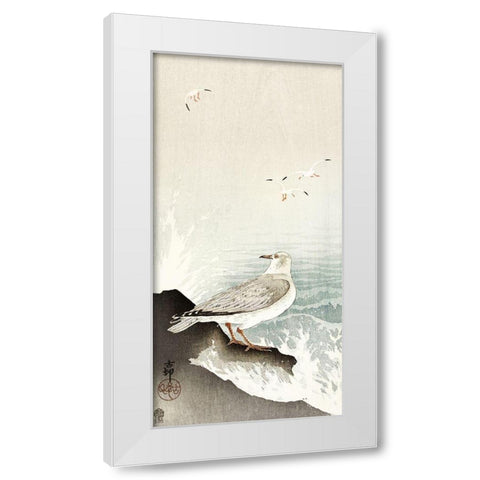 Gull on rock White Modern Wood Framed Art Print by Koson, Ohara