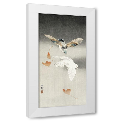 Two pigeons with falling ginkgo leaves White Modern Wood Framed Art Print by Koson, Ohara