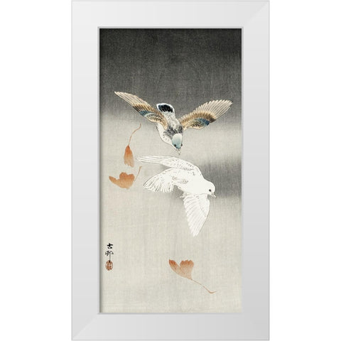 Two pigeons with falling ginkgo leaves White Modern Wood Framed Art Print by Koson, Ohara