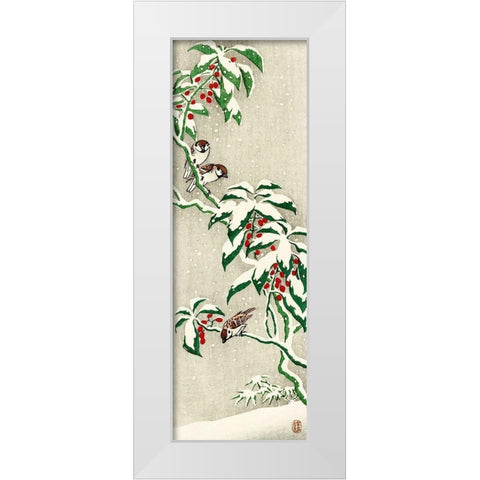 Sparrows on snowy berry bush White Modern Wood Framed Art Print by Koson, Ohara