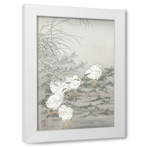 Five chicks White Modern Wood Framed Art Print by Koson, Ohara