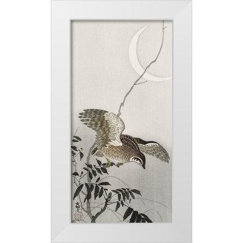 Quail at moon sickle  White Modern Wood Framed Art Print by Koson, Ohara