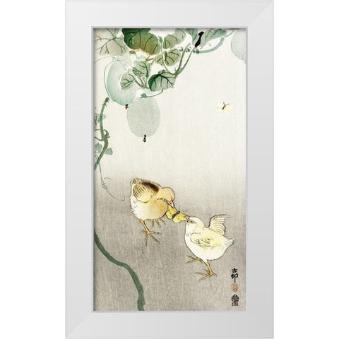 Two chicks fighting for a butterfly White Modern Wood Framed Art Print by Koson, Ohara