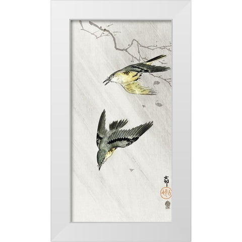 Songbirds in rain White Modern Wood Framed Art Print by Koson, Ohara
