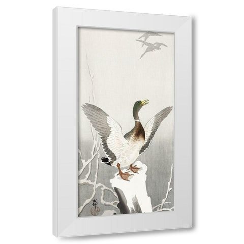Duck on snowy tree stump White Modern Wood Framed Art Print by Koson, Ohara