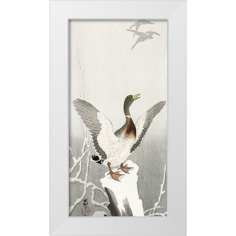 Duck on snowy tree stump White Modern Wood Framed Art Print by Koson, Ohara