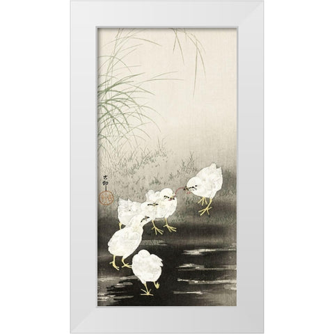 Chicks eating worms White Modern Wood Framed Art Print by Koson, Ohara