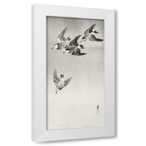 Starlings in the rain White Modern Wood Framed Art Print by Koson, Ohara