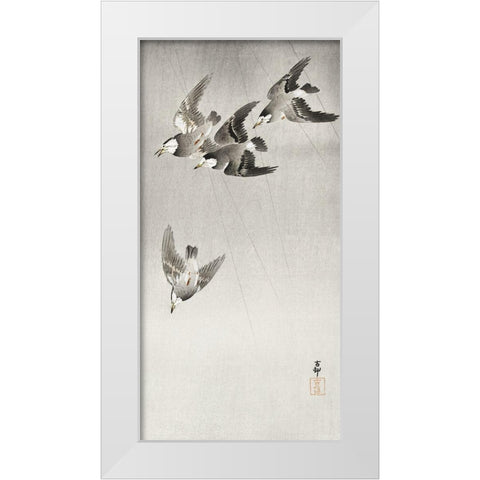 Starlings in the rain White Modern Wood Framed Art Print by Koson, Ohara