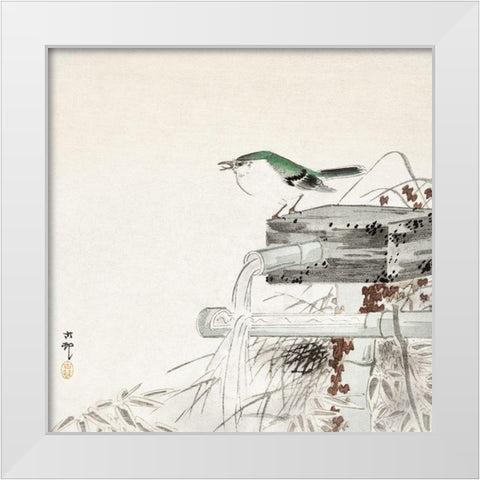 Blue nightingale White Modern Wood Framed Art Print by Koson, Ohara