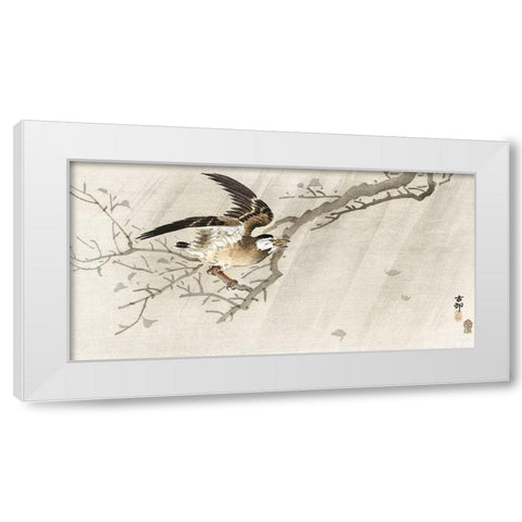 Gray starling in storm White Modern Wood Framed Art Print by Koson, Ohara