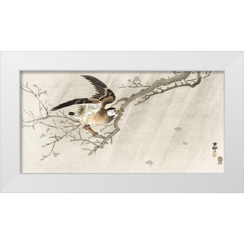Gray starling in storm White Modern Wood Framed Art Print by Koson, Ohara