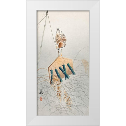 Ring sparrow on scarecrow White Modern Wood Framed Art Print by Koson, Ohara