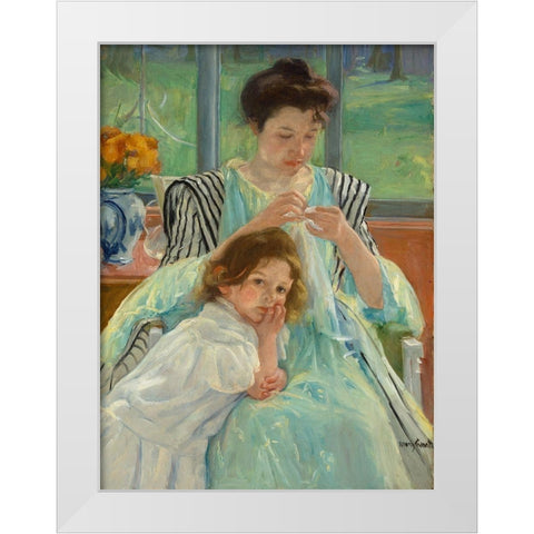Young Mother Sewing White Modern Wood Framed Art Print by Cassatt, Mary