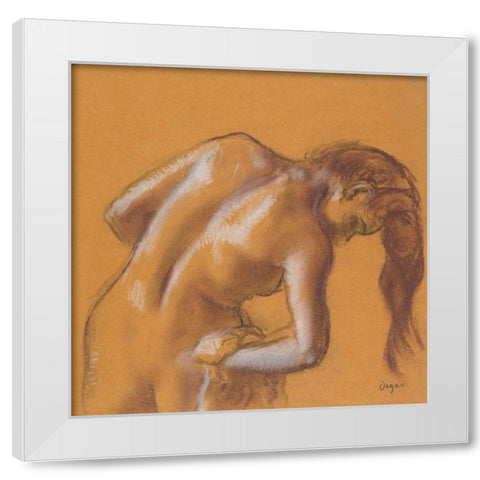 Nude lady. Bather Drying Herself White Modern Wood Framed Art Print by Degas, Edgar