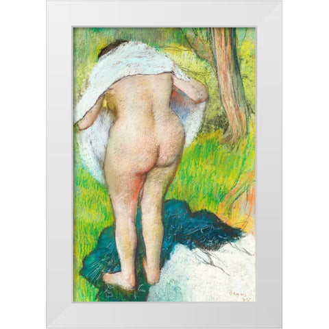 Girl Drying Herself White Modern Wood Framed Art Print by Degas, Edgar