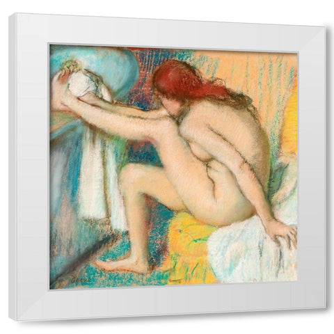 Woman Drying Her Foot White Modern Wood Framed Art Print by Degas, Edgar