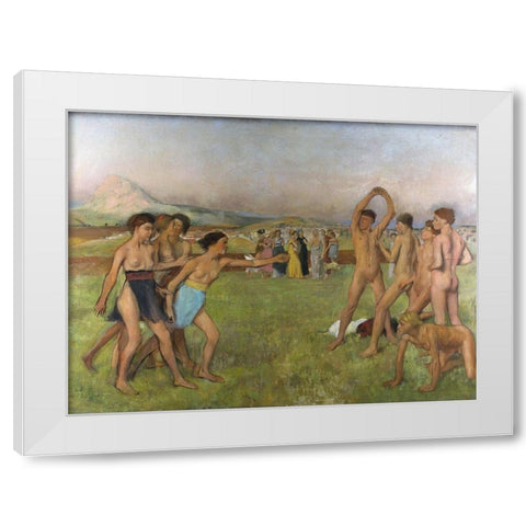 Young Spartans exercising White Modern Wood Framed Art Print by Degas, Edgar