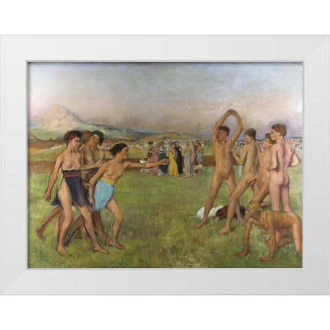 Young Spartans exercising White Modern Wood Framed Art Print by Degas, Edgar