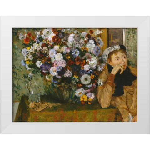 A Woman Seated beside a Vase of Flowers White Modern Wood Framed Art Print by Degas, Edgar