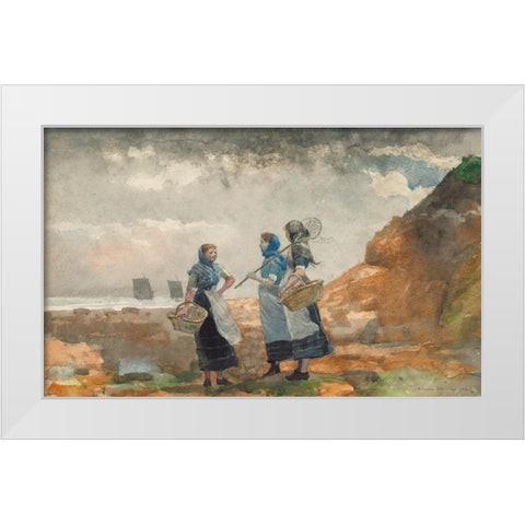 Three Fisher Girls, Tynemouth White Modern Wood Framed Art Print by Homer, Winslow