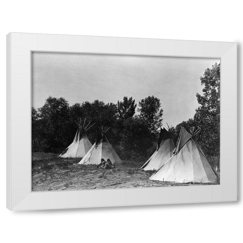 An Assiniboin camp containing four tepees with Indians seated on ground White Modern Wood Framed Art Print by Curtis, Edward