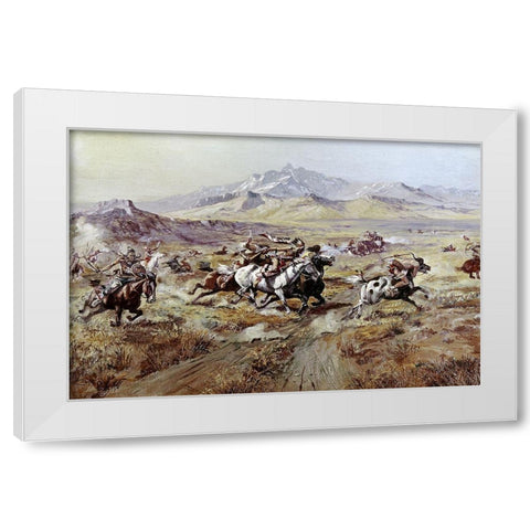 Stage Coach Attack White Modern Wood Framed Art Print by Russell, Charles Marion