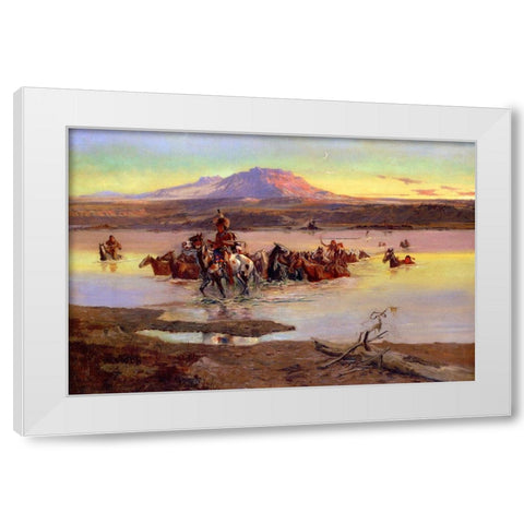 Fording the Horse Herd White Modern Wood Framed Art Print by Russell, Charles Marion