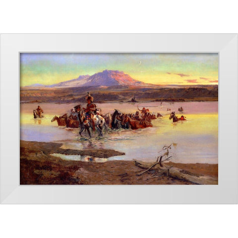 Fording the Horse Herd White Modern Wood Framed Art Print by Russell, Charles Marion