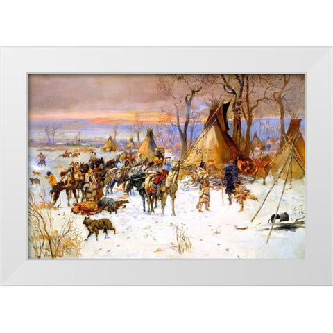 Indian Hunters Return White Modern Wood Framed Art Print by Russell, Charles Marion