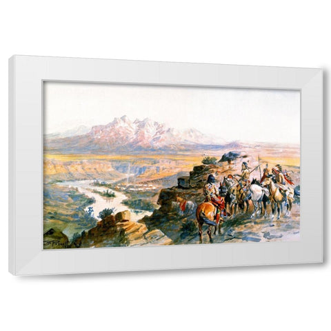 Planning the Attack on the Wagon Train White Modern Wood Framed Art Print by Russell, Charles Marion