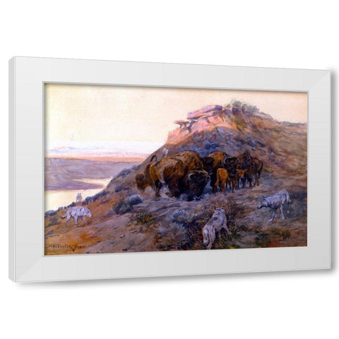 Buffalo Herd at Bay White Modern Wood Framed Art Print by Russell, Charles Marion
