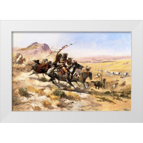 Attack on a Wagon Train White Modern Wood Framed Art Print by Russell, Charles Marion