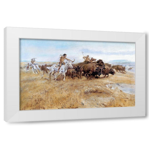 The Buffalo Hunt White Modern Wood Framed Art Print by Russell, Charles Marion